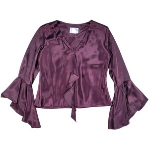 Vtg Jeffrey & Dara Blouse Womens 10 Burgundy Satin Bell Sleeve Evening Dark Top‎